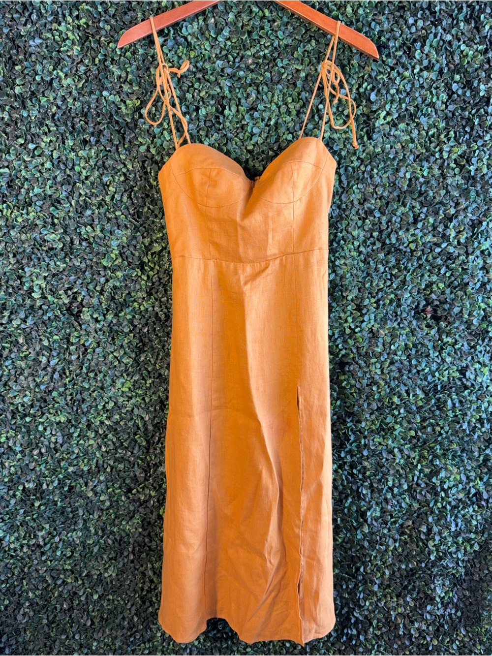 Reformation Linen Midi Dress Yellow Mustard Tie Strap Size 0 - Picture 2 of 8